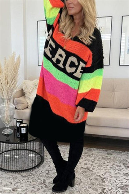 Color Block V-Neck Long Sleeve Sweater Dress - Blu Lotus Boutique