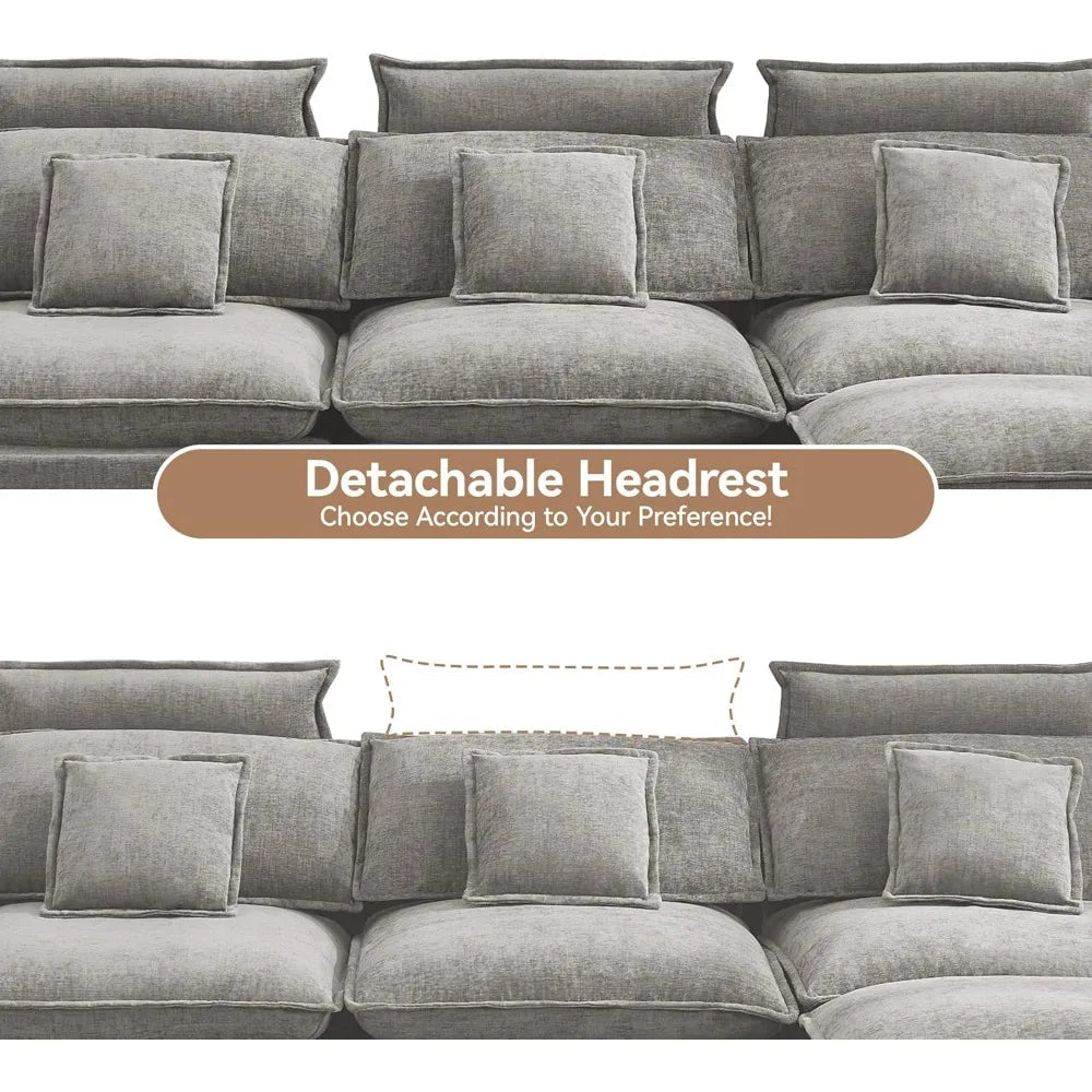 103'' Cloud Modern 3 Seater Couch with Detachable Headrest, Modular Sectional Sofa with Ottoman, Oversized L Shape Chenille - Blu Lotus Boutique