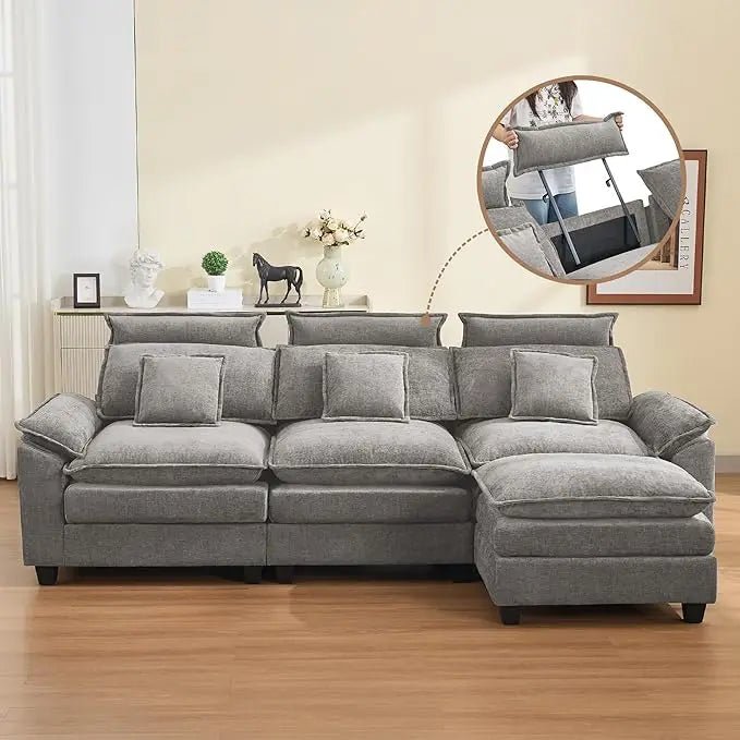 103'' Cloud Modern 3 Seater Couch with Detachable Headrest, Modular Sectional Sofa with Ottoman, Oversized L Shape Chenille - Blu Lotus Boutique