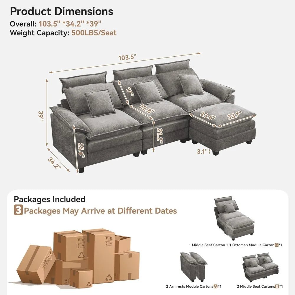 103'' Cloud Modern 3 Seater Couch with Detachable Headrest, Modular Sectional Sofa with Ottoman, Oversized L Shape Chenille - Blu Lotus Boutique