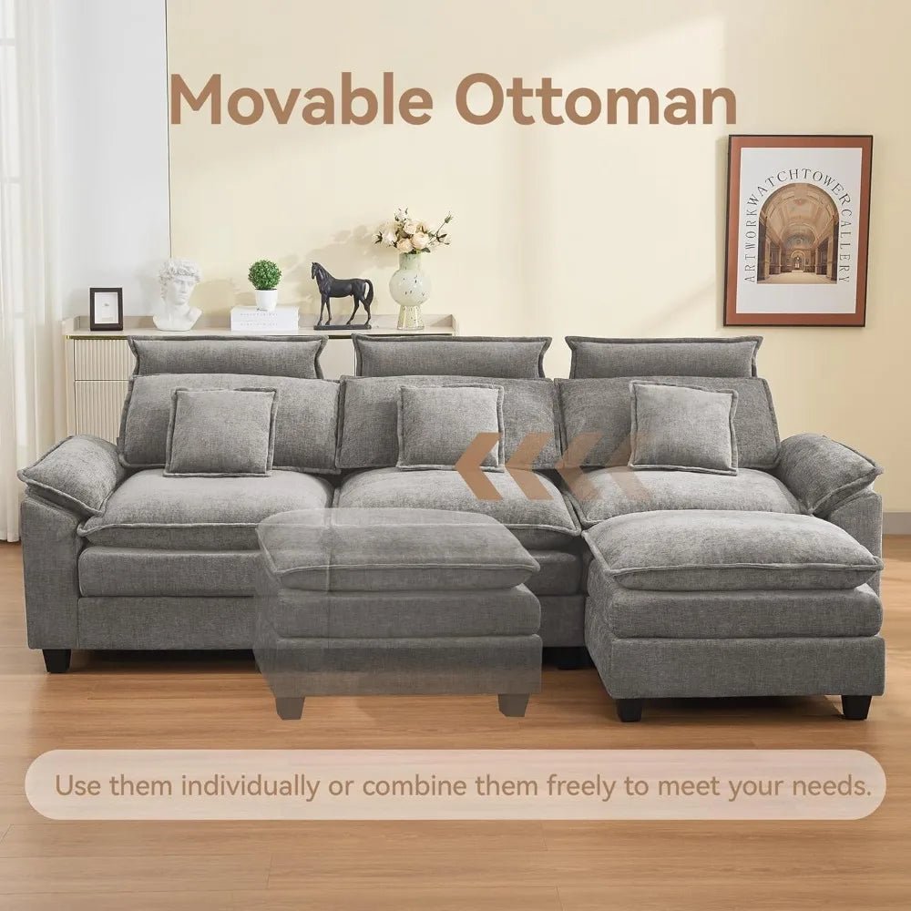 103'' Cloud Modern 3 Seater Couch with Detachable Headrest, Modular Sectional Sofa with Ottoman, Oversized L Shape Chenille - Blu Lotus Boutique