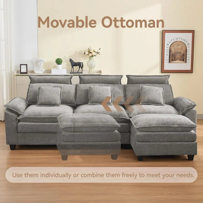 103'' Cloud Modern 3 Seater Couch with Detachable Headrest, Modular Sectional Sofa with Ottoman, Oversized L Shape Chenille - Blu Lotus Boutique