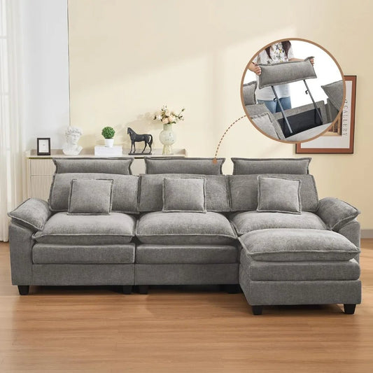 103'' Cloud Modern 3 Seater Couch with Detachable Headrest, Modular Sectional Sofa with Ottoman, Oversized L Shape Chenille - Blu Lotus Boutique