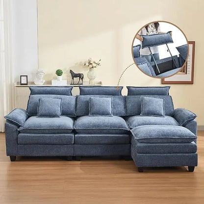 103'' Cloud Modern 3 Seater Couch with Detachable Headrest, Modular Sectional Sofa with Ottoman, Oversized L Shape Chenille - Blu Lotus Boutique