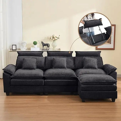 103'' Cloud Modern 3 Seater Couch with Detachable Headrest, Modular Sectional Sofa with Ottoman, Oversized L Shape Chenille - Blu Lotus Boutique