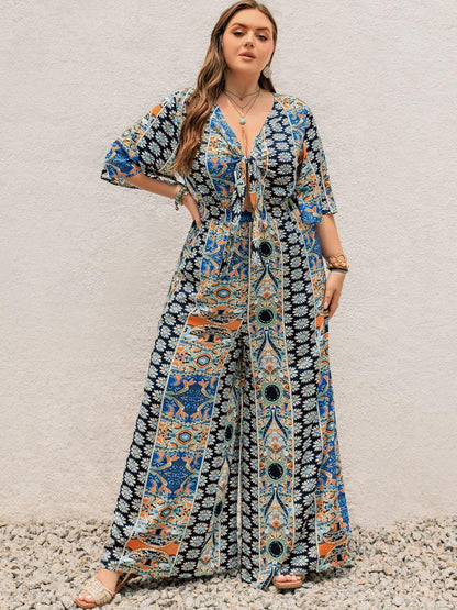 Plus Size Printed Half Sleeve Wide Leg Jumpsuit - Blu Lotus Boutique