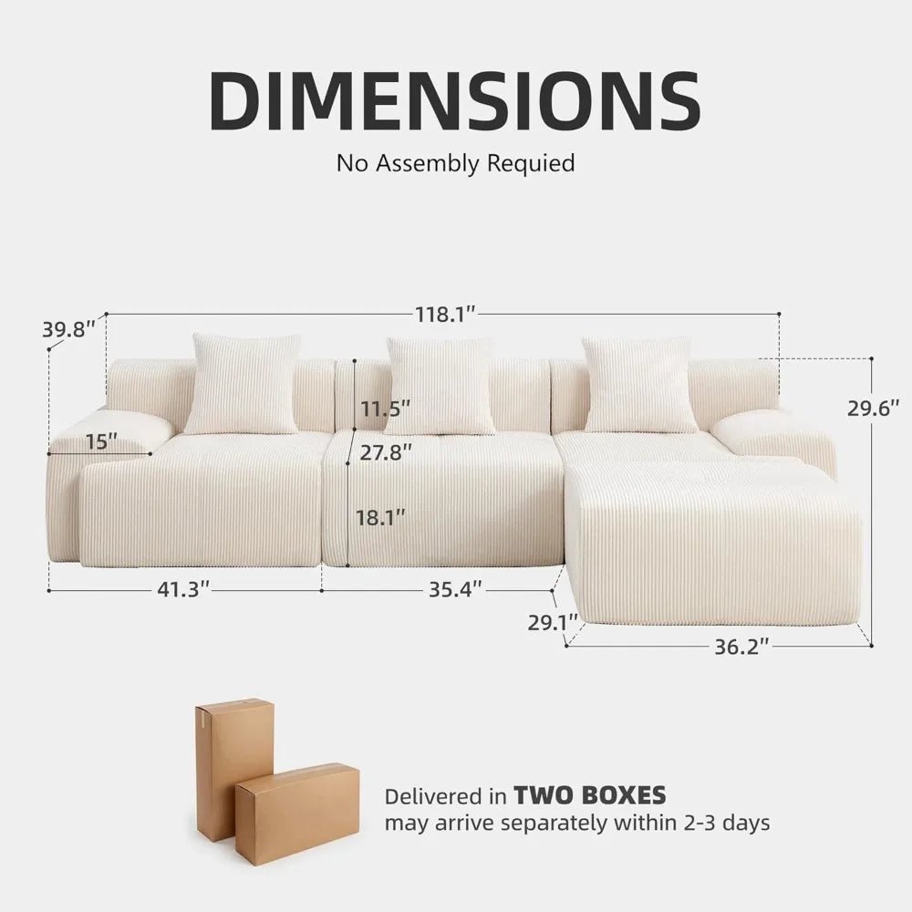 118" Boneless Couches for Living Room, Modular Cloud Sectional Couch with L - Shape Chaise, Modern Upholstered Sofa with Deep Seat - Blu Lotus Boutique
