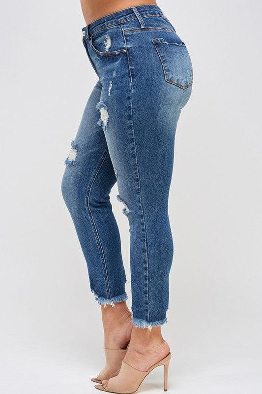 PLUS SIZE HIGH RISE DISTRESSED ANKLE SKINNY - Blu Lotus Boutique