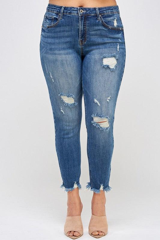 PLUS SIZE HIGH RISE DISTRESSED ANKLE SKINNY - Blu Lotus Boutique