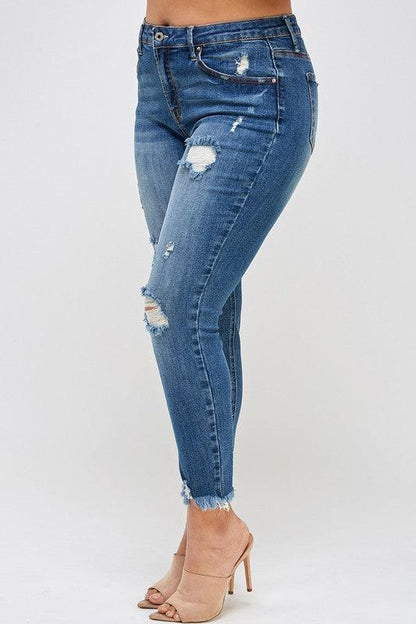 PLUS SIZE HIGH RISE DISTRESSED ANKLE SKINNY - Blu Lotus Boutique