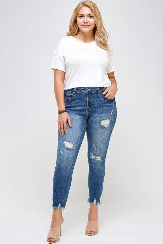 PLUS SIZE HIGH RISE DISTRESSED ANKLE SKINNY - Blu Lotus Boutique