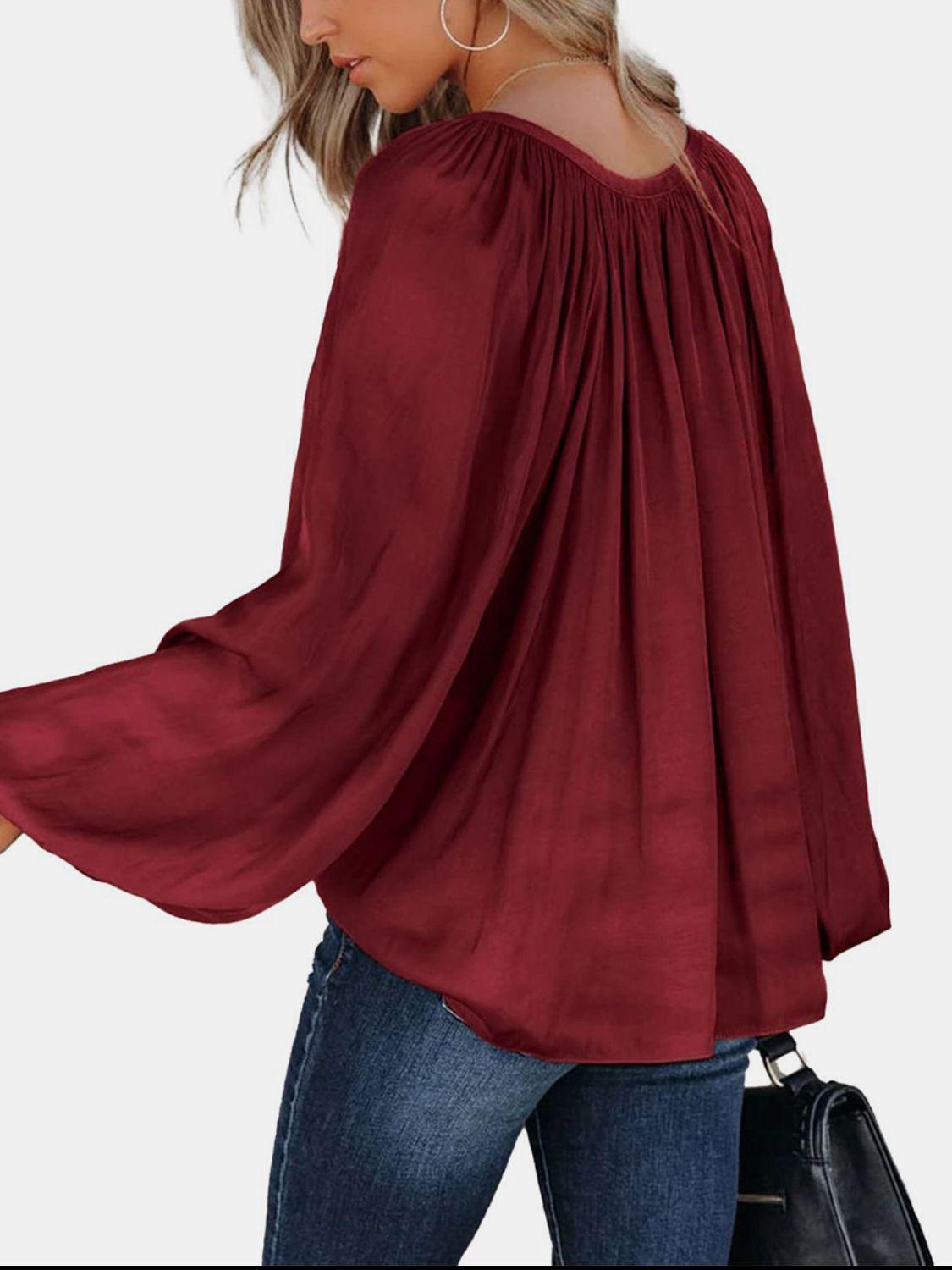 Ruched Tie Neck Balloon Sleeve Blouse - Blu Lotus Boutique