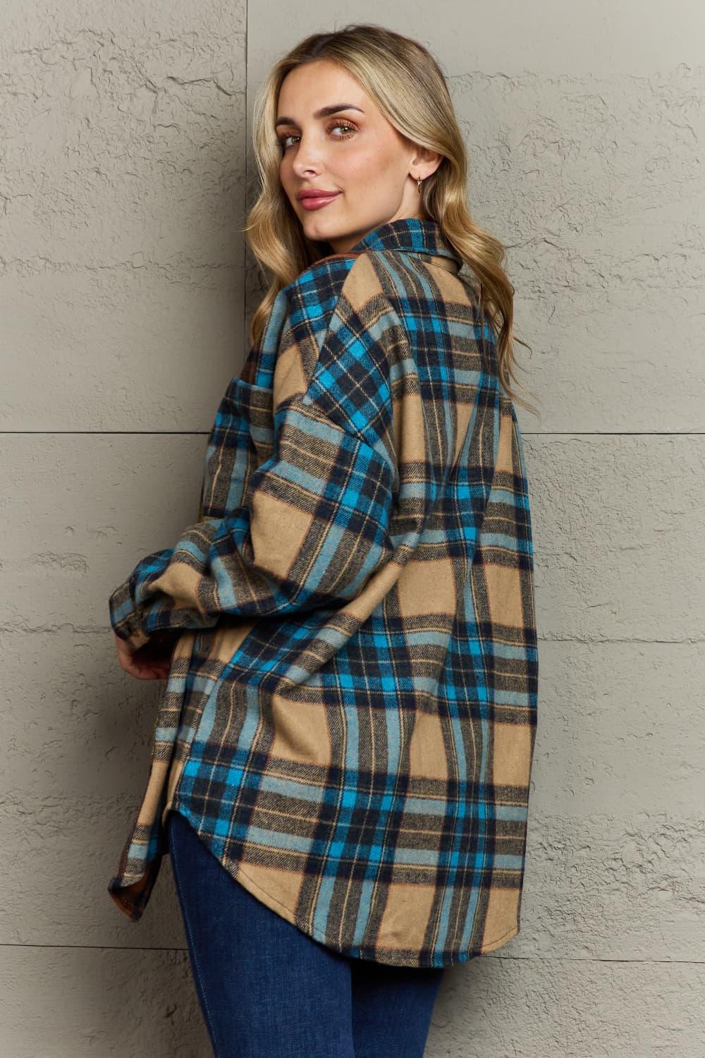 Double Take Plaid Curved Hem Shirt Jacket with Breast Pockets - Blu Lotus Boutique