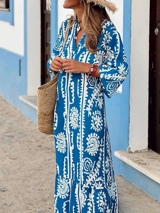 Printed Notched Half Sleeve Maxi Dress - Blu Lotus Boutique