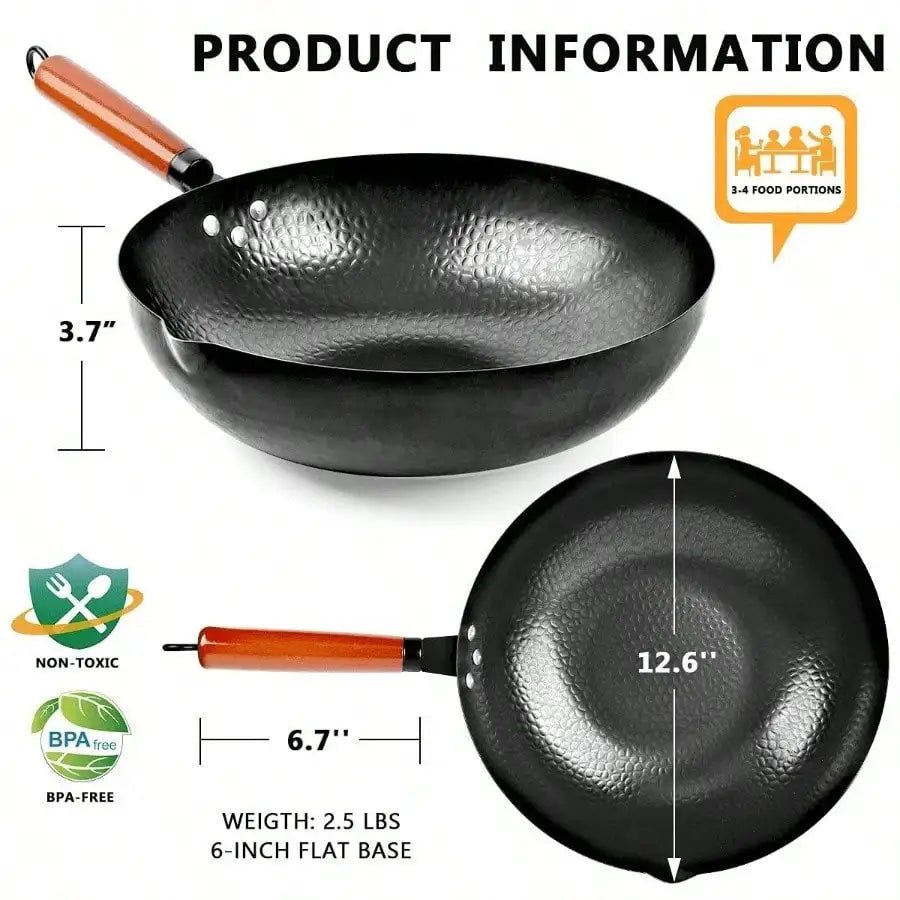 14 Piece Non - Stick Carbon Steel Wok Pan, Stir - Fry Pans Set w/ Wooden Lid & Cookwares, for Induction, 12.6'' - Blu Lotus Boutique