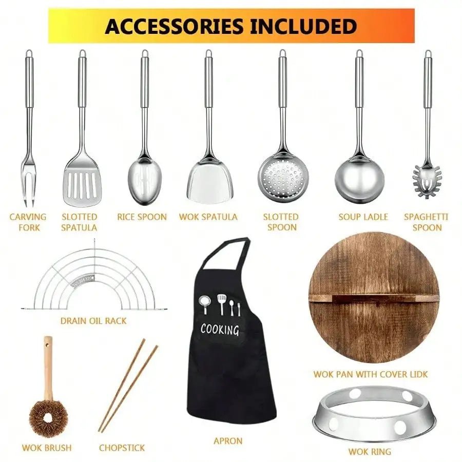 14 Piece Non - Stick Carbon Steel Wok Pan, Stir - Fry Pans Set w/ Wooden Lid & Cookwares, for Induction, 12.6'' - Blu Lotus Boutique