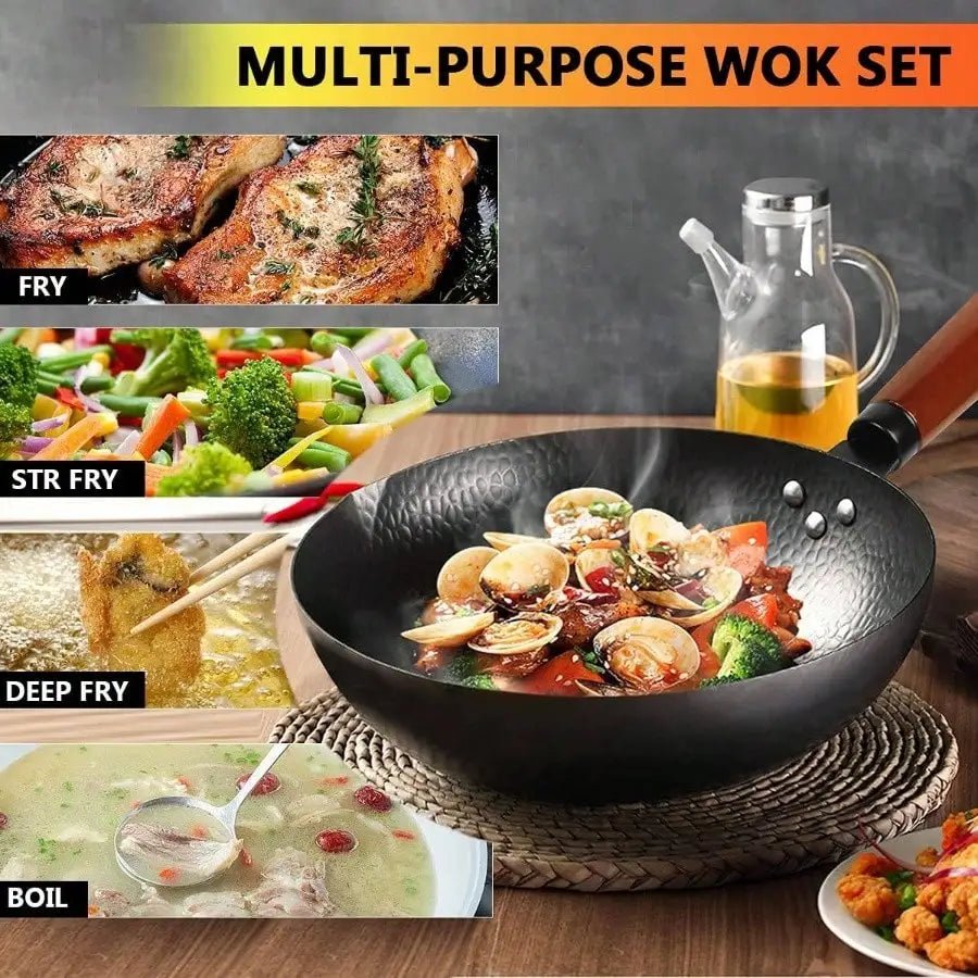 14 Piece Non - Stick Carbon Steel Wok Pan, Stir - Fry Pans Set w/ Wooden Lid & Cookwares, for Induction, 12.6'' - Blu Lotus Boutique