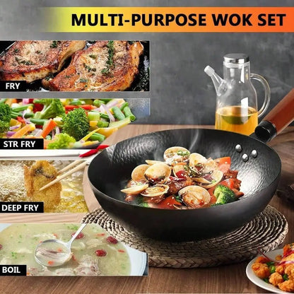 14 Piece Non - Stick Carbon Steel Wok Pan, Stir - Fry Pans Set w/ Wooden Lid & Cookwares, for Induction, 12.6'' - Blu Lotus Boutique