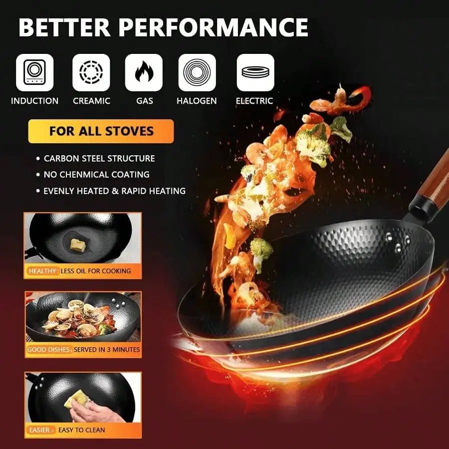 14 Piece Non - Stick Carbon Steel Wok Pan, Stir - Fry Pans Set w/ Wooden Lid & Cookwares, for Induction, 12.6'' - Blu Lotus Boutique