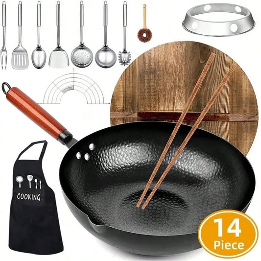 14 Piece Non - Stick Carbon Steel Wok Pan, Stir - Fry Pans Set w/ Wooden Lid & Cookwares, for Induction, 12.6'' - Blu Lotus Boutique