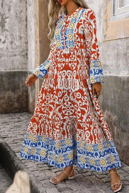 Printed Notched Long Sleeve Maxi Dress - Blu Lotus Boutique