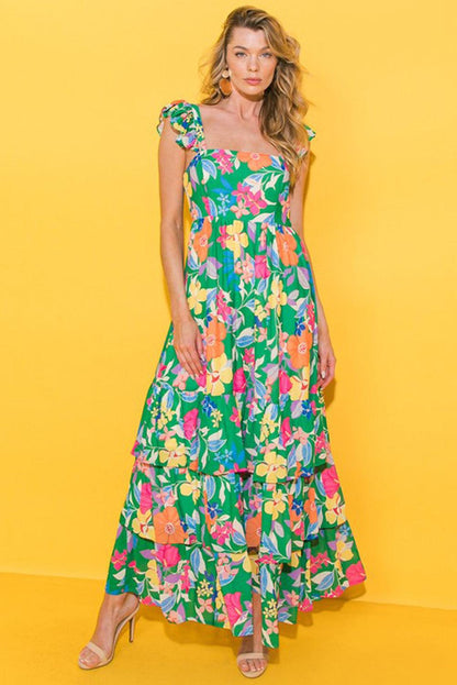 Green Floral Print Sleeveless Ruffle Tiered Maxi Dress - Blu Lotus Boutique