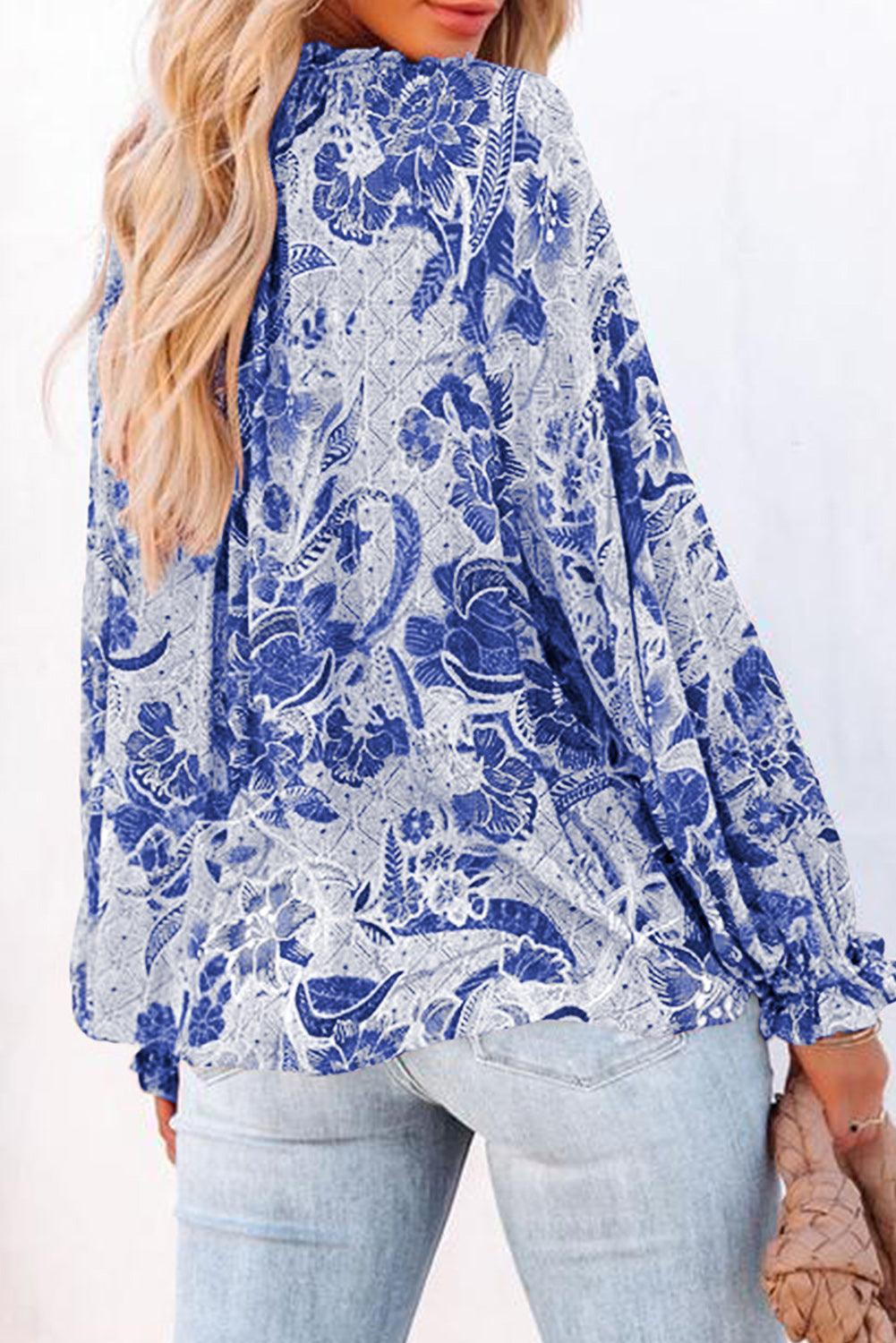 Floral Tie Neck Flounce Sleeve Blouse - Blu Lotus Boutique