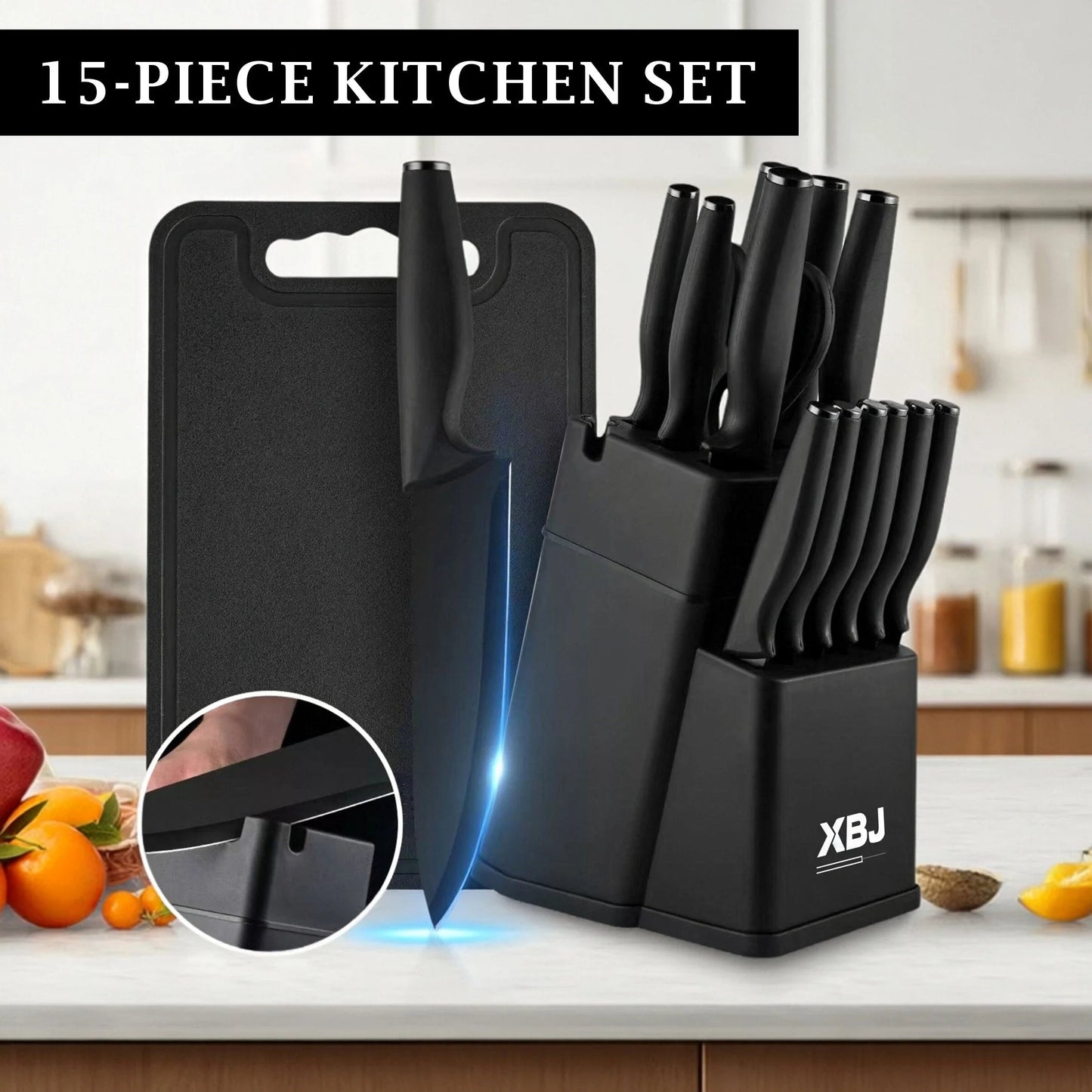 15 - piece kitchen stainless steel knife set with knife holder, space - saving storage, full handling of ingredients - Blu Lotus Boutique