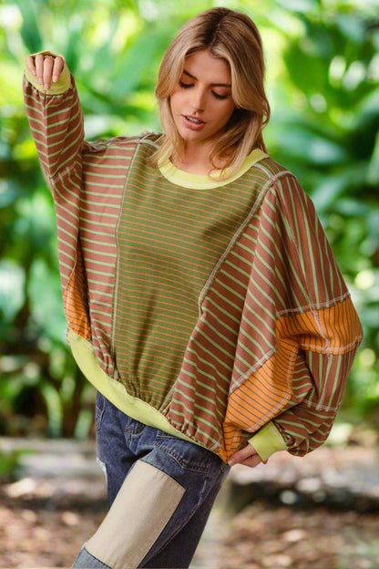 BiBi Color Block Striped Round Neck Sweatshirt - Blu Lotus Boutique