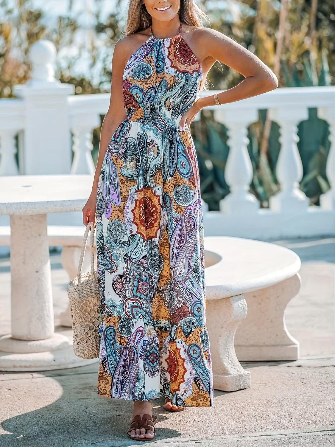 Printed Halter Neck Maxi Dress - Blu Lotus Boutique