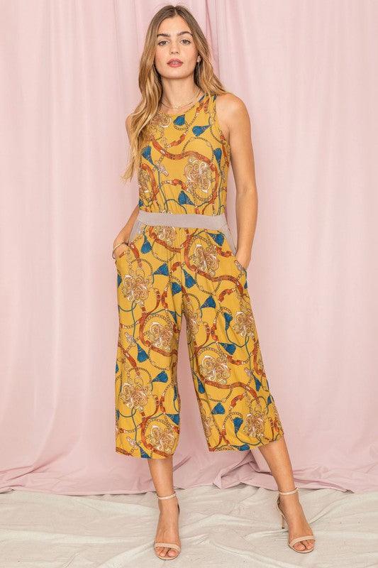 Blouson Chain Tassel Print Cropped Jumpsuit - Blu Lotus Boutique