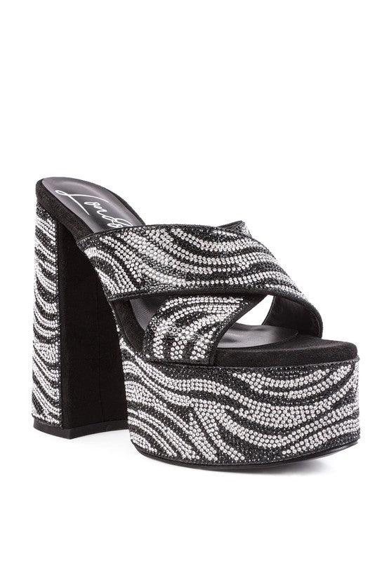 SINFUL HIGH PLATFORM PATTERNED DIAMANTE SLIDES - Blu Lotus Boutique