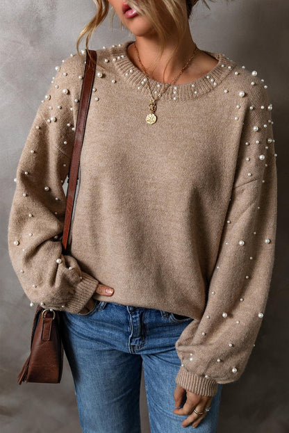 Light Grey Pearled Drop Shoulder Round Neck Sweater - Blu Lotus Boutique