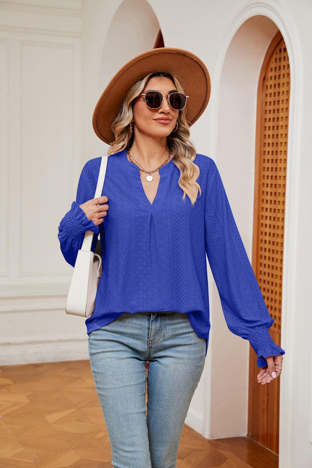 Notched Neck Flounce Sleeve Blouse - Blu Lotus Boutique