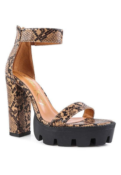 RATTLE SNAKE PRINT HIGH HEELED BLOCK SANDAL - Blu Lotus Boutique