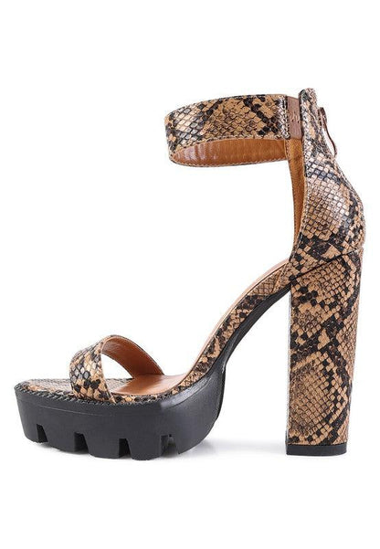 RATTLE SNAKE PRINT HIGH HEELED BLOCK SANDAL - Blu Lotus Boutique