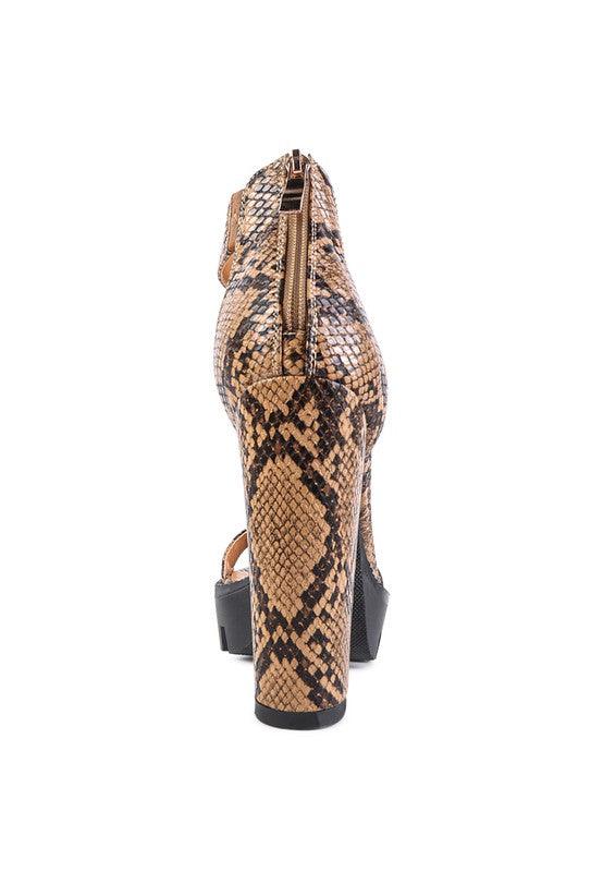 RATTLE SNAKE PRINT HIGH HEELED BLOCK SANDAL - Blu Lotus Boutique