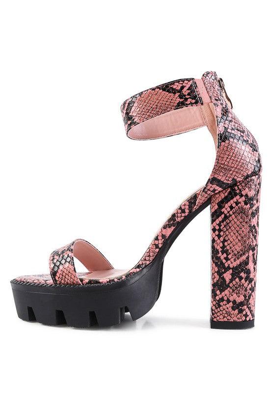 RATTLE SNAKE PRINT HIGH HEELED BLOCK SANDAL - Blu Lotus Boutique