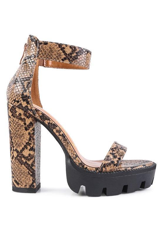 RATTLE SNAKE PRINT HIGH HEELED BLOCK SANDAL - Blu Lotus Boutique