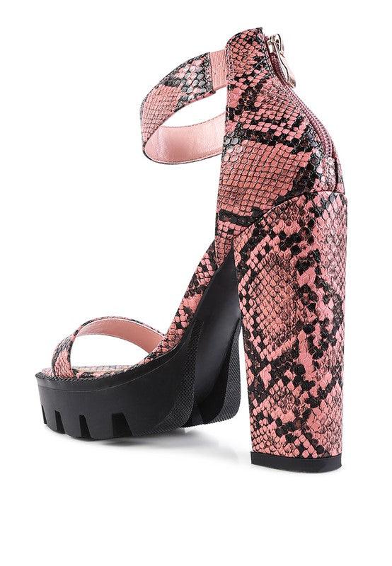 RATTLE SNAKE PRINT HIGH HEELED BLOCK SANDAL - Blu Lotus Boutique