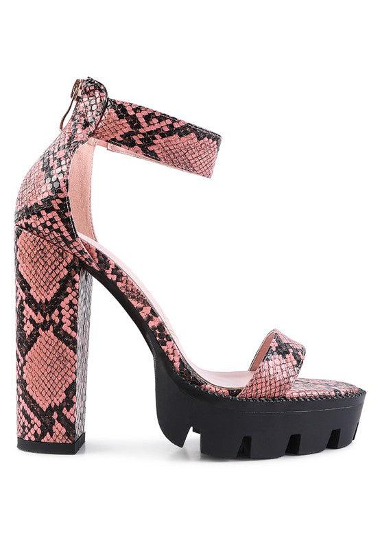 RATTLE SNAKE PRINT HIGH HEELED BLOCK SANDAL - Blu Lotus Boutique