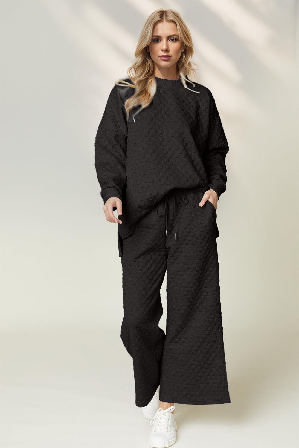 Double Take Checkered Slit High-Low Round Neck Top and Wide Leg Pants Set - Blu Lotus Boutique