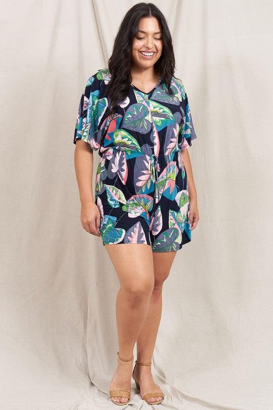 Plus Tropical Kimono Sleeve Romper - Blu Lotus Boutique