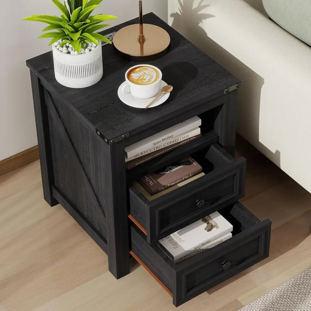 18" Farmhouse Night Stand Set 2 with Charging Station Rustic Black End Table for Living Room with 2 Drawers Bed Side Table - Blu Lotus Boutique