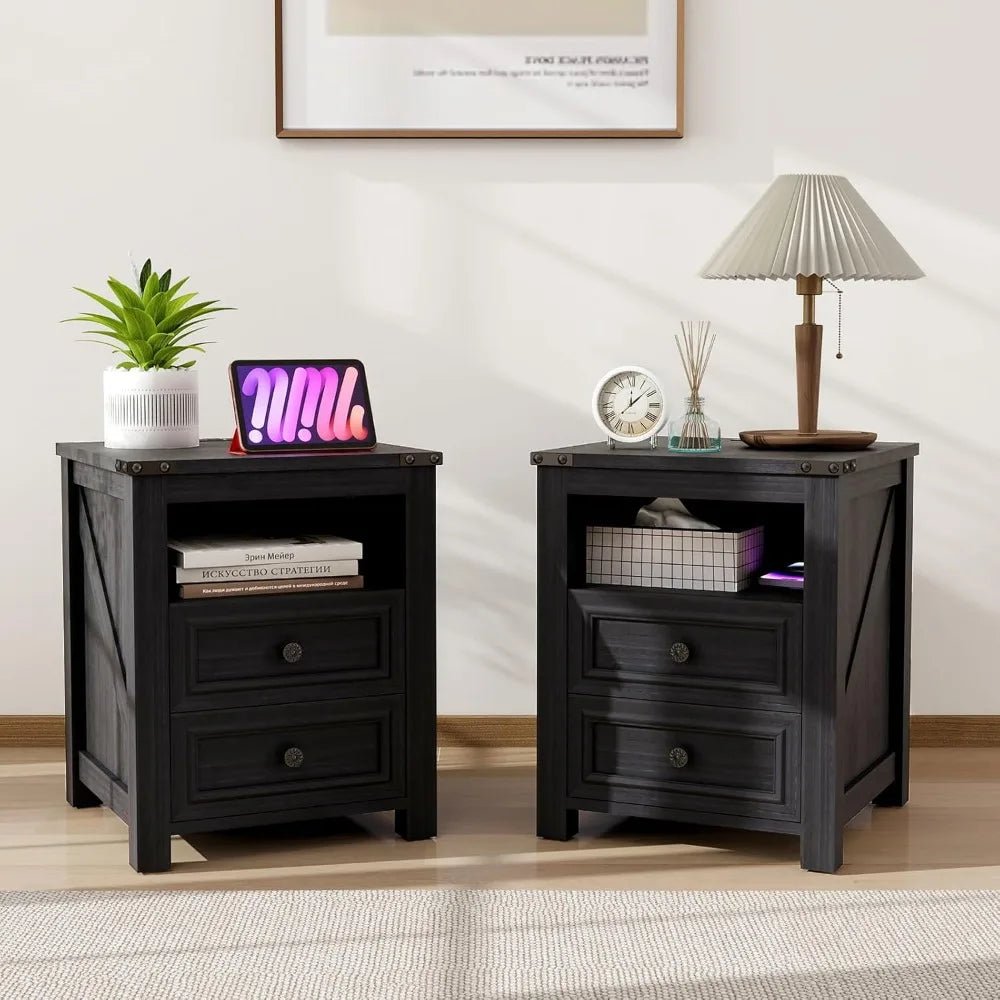 18" Farmhouse Night Stand Set 2 with Charging Station Rustic Black End Table for Living Room with 2 Drawers Bed Side Table - Blu Lotus Boutique