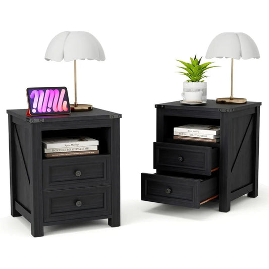 18" Farmhouse Night Stand Set 2 with Charging Station Rustic Black End Table for Living Room with 2 Drawers Bed Side Table - Blu Lotus Boutique