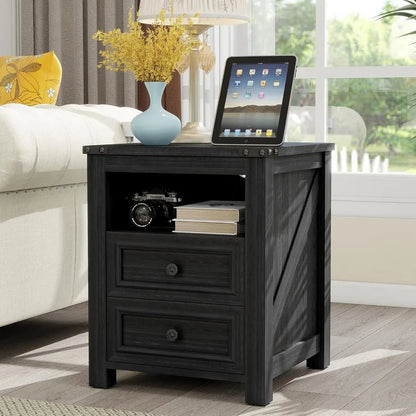 18" Farmhouse Night Stand Set 2 with Charging Station Rustic Black End Table for Living Room with 2 Drawers Bed Side Table - Blu Lotus Boutique