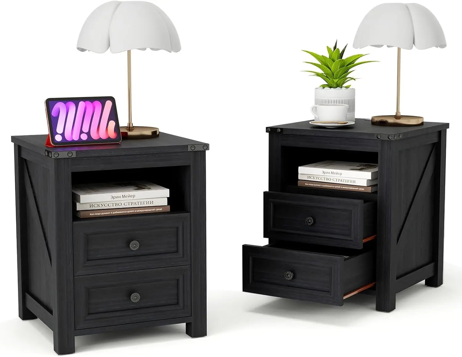 18" Farmhouse Night Stand Set 2 with Charging Station Rustic Black End Table for Living Room with 2 Drawers Bed Side Table - Blu Lotus Boutique