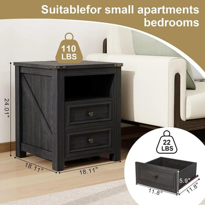 18" Farmhouse Night Stand Set 2 with Charging Station Rustic Black End Table for Living Room with 2 Drawers Bed Side Table - Blu Lotus Boutique
