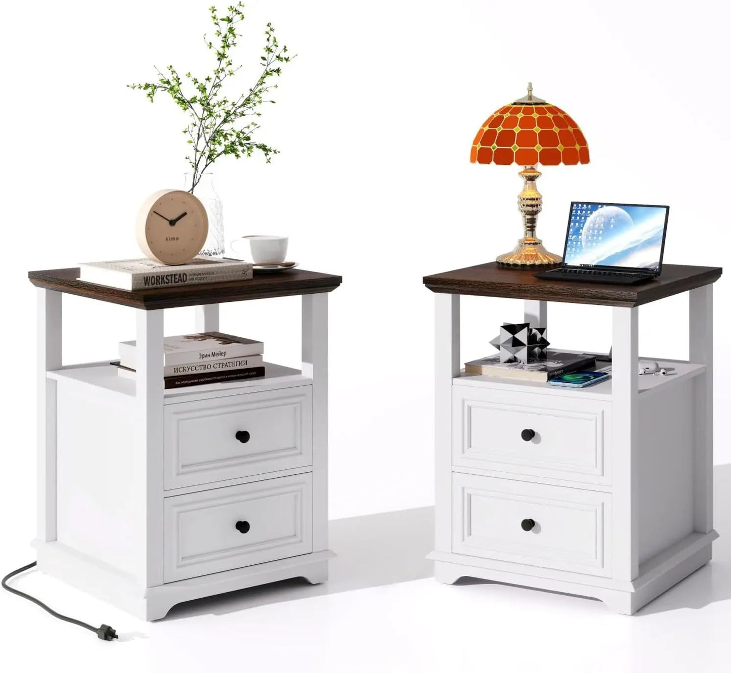 18" Farmhouse Night Stand Set 2 with Charging Station Rustic Black End Table for Living Room with 2 Drawers Bed Side Table - Blu Lotus Boutique